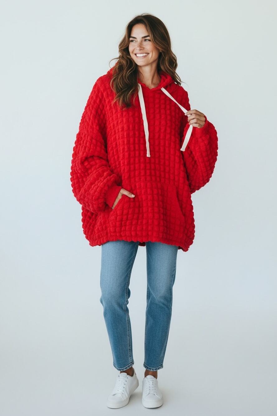 BIBI Woman's Waffle Textured Drawstring Pullover Hoodie M   Chunky n Kitschy